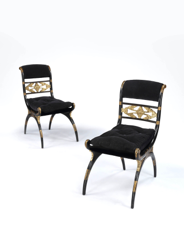 Pair of Regency Ebonised & Parcel Gilt Curule Side Chairs