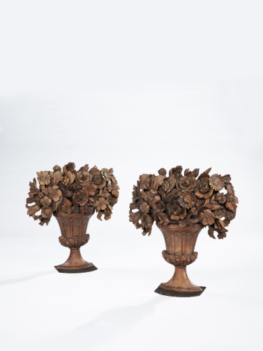 Pair of French Carved Walnut Flower Baskets